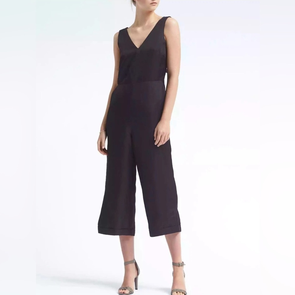 Banana Republic French Navy Tie Back Bow Cropped Linen Blend Jumpsuit NWT 14